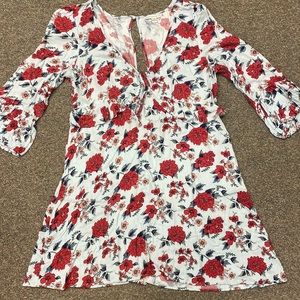 American Eagle baby blue dress with red and pink flower details